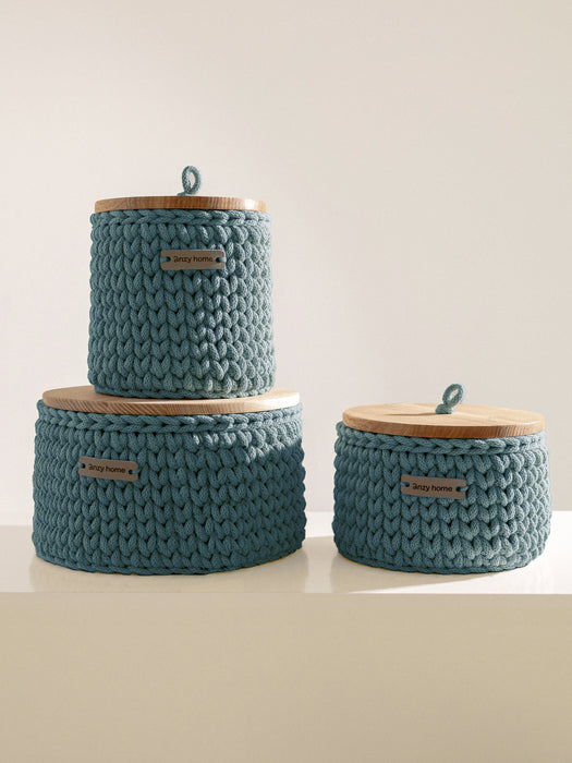 Round Storage Baskets w/ Wooden Lid Recycled Teal Storage & Organization Anzy Home