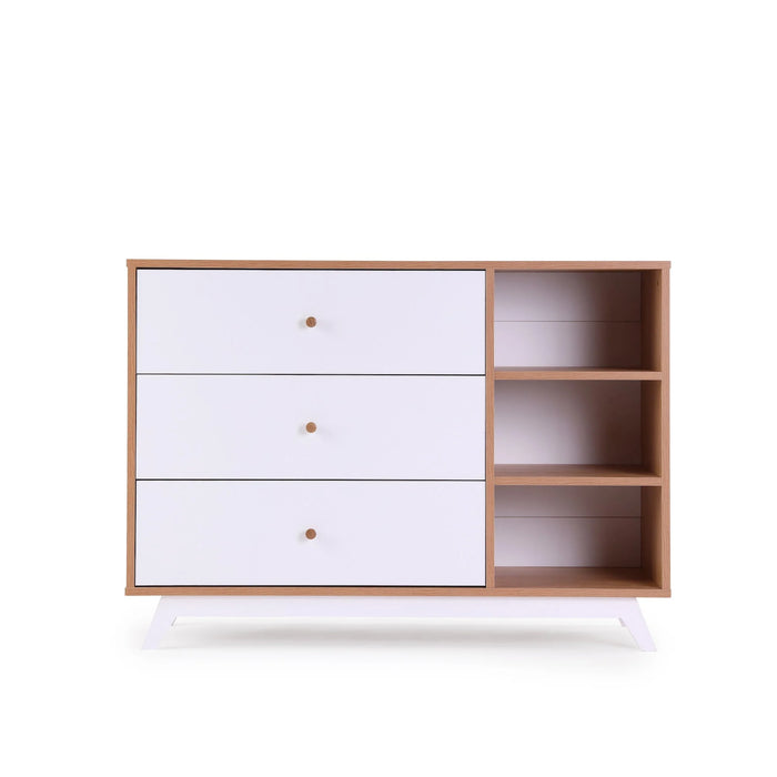 DADADA CENTRAL PARK 3-DRAWER, TWO SHELF NURSERY DRESSER . WHITE RED OAK FURNITURE DADADA