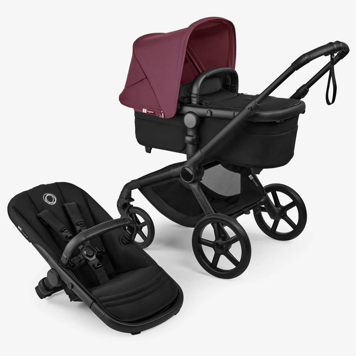 BUGABOO FOX 5 RENEW BASSINET AND SEAT STROLLER COMPLETE FULL-SIZE STROLLER . BLACK DARK CHERRY STROLLERS BUGABOO