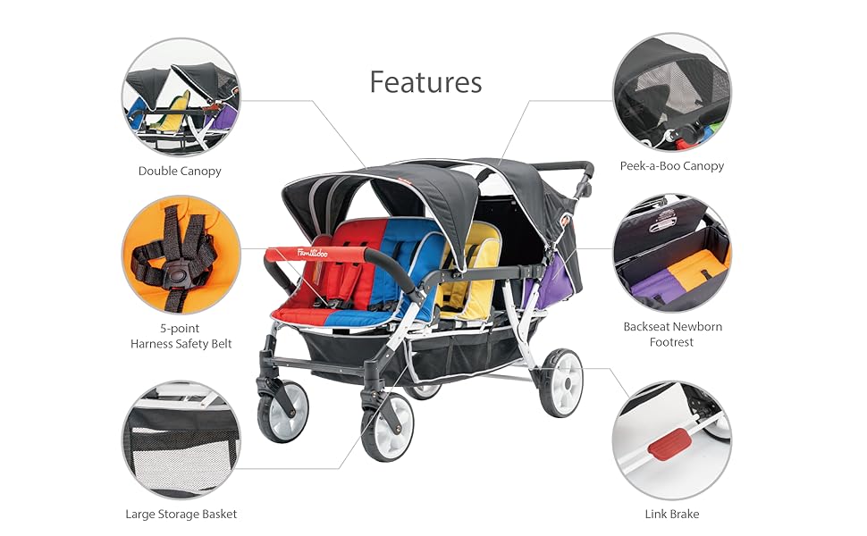 FAMILIDOO H6E 6 SEAT BABY STROLLER- DOUBLE CANOPY - DAYCARE STROLLERS WITH 5 POINT SAFETY HARNESS