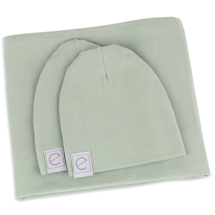 ELY`S & CO. JERSEY COTTON SPANDEX SWADDLE BLANKETS 40"X40" WITH BABY HAT - SAGE