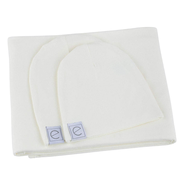 ELY`S & CO. JERSEY COTTON SPANDEX SWADDLE BLANKETS 40"X40" WITH BABY HAT - IVORY