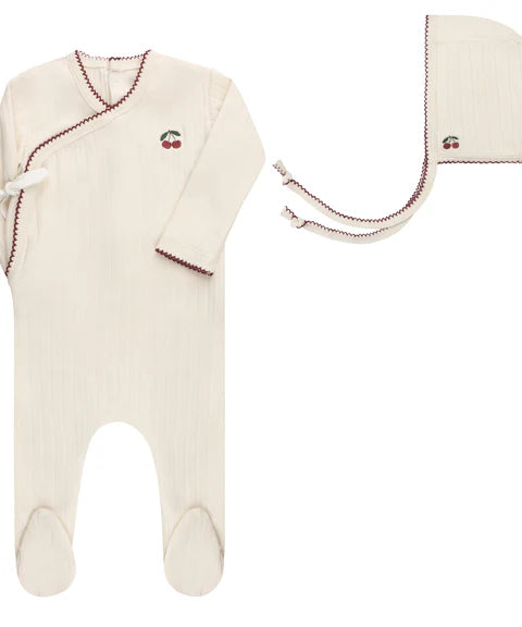 AURORA EMBROIDERED CHERRY COLLECTION - FOOTIE + BONNET IVORY RED CLOTHING AURORA