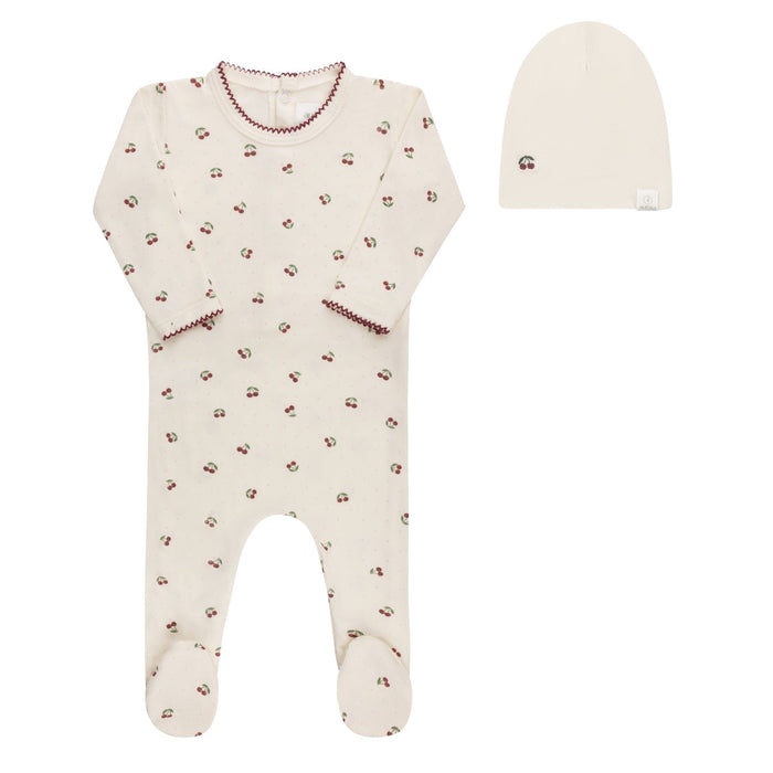 AURORA CHERRY PRINT COLLECTION - FOOTIE + BEANIE IVORY RED CLOTHING AURORA