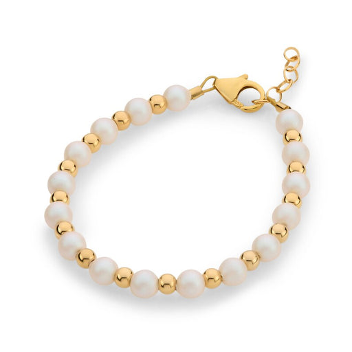 CRYSTAL DREAM WHITE PEARL AND GOLD BEAD BRACELET 14KT GOLD WHITE & GOLD JEWELERY CRYSTAL DREAM