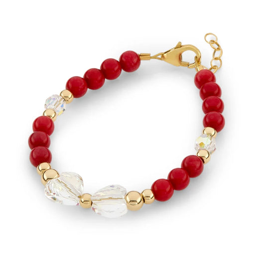 CRYSTAL DREAM RED CORAL BRACELET WITH CLEAR AUSTRIAN HEART BEADS, 14KT GOLD FILLED BEADS