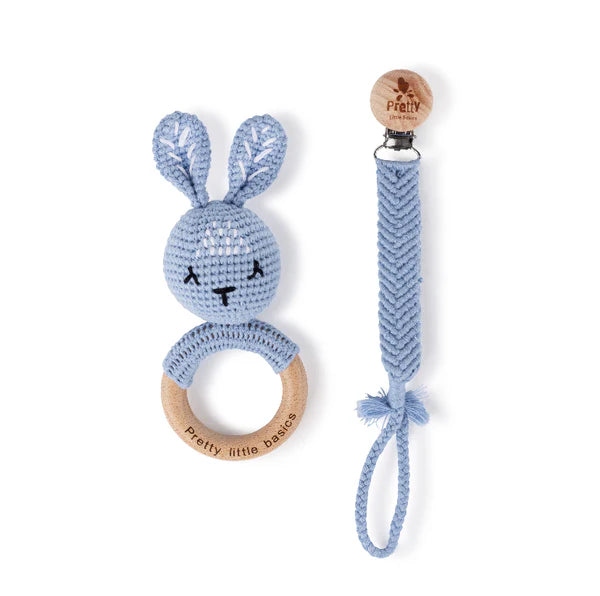 PRETTY LITTLE BASICS CROCHET RATTLE AND PACIFIER CLIP SET