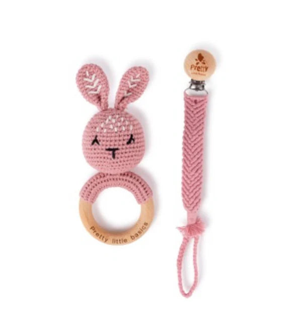 PRETTY LITTLE BASICS CROCHET RATTLE AND PACIFIER CLIP SET
