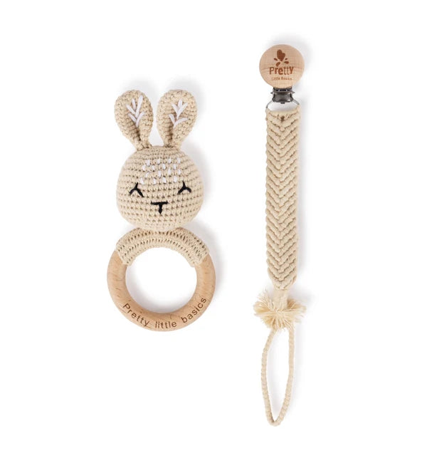 PRETTY LITTLE BASICS CROCHET RATTLE AND PACIFIER CLIP SET