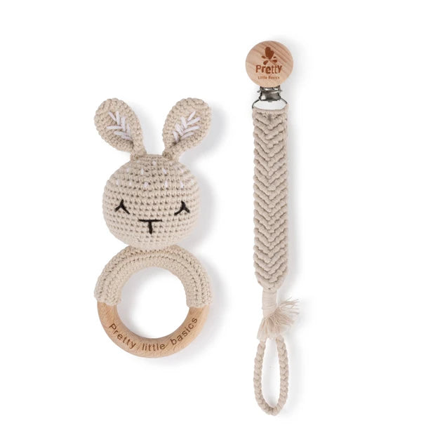 PRETTY LITTLE BASICS CROCHET RATTLE AND PACIFIER CLIP SET