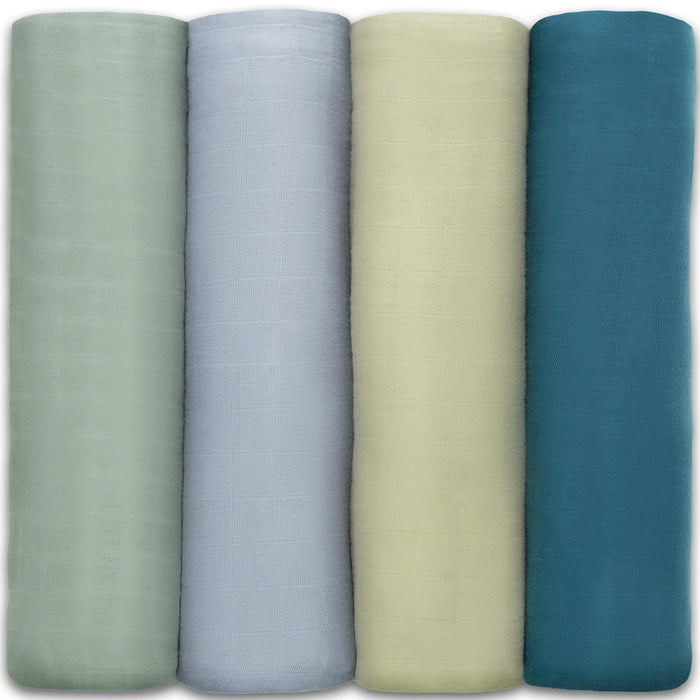 Muslin Swaddle Blankets, 4 Pack by Comfy Cubs - Sage, Pacific Blue, Fern, Neptune Swaddles Comfy Cubs