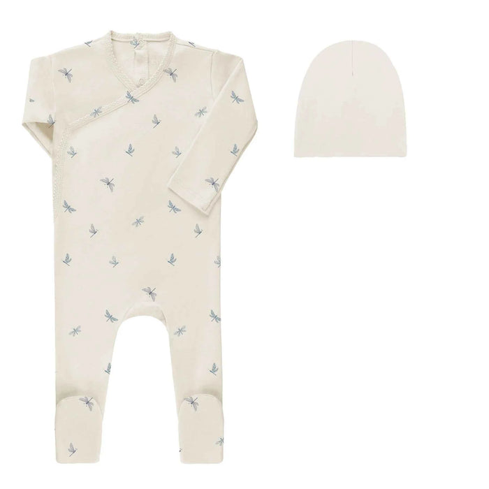 AURORA CLASSICS BABY FOOTIE + BEANIE JERSEY COTTON DRAGONFLY COLLECTION IVORY BLUE FOOTIE + BEANIE AURORA