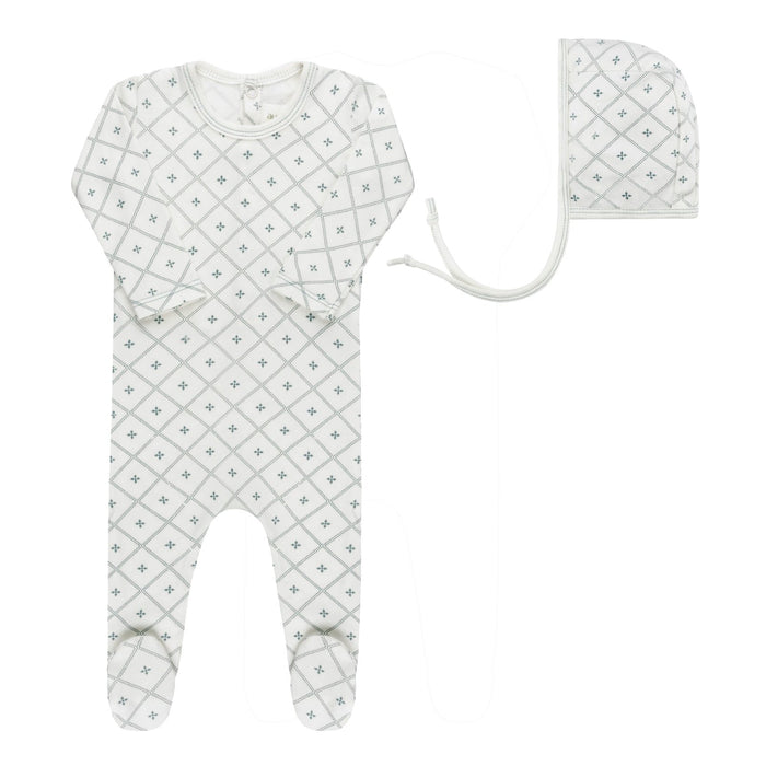 AURORA DIAMOND PRINT COLLECTION - FOOTIE + BONNET IVORY BLUE CLOTHING AURORA