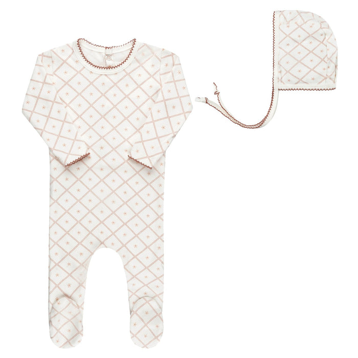 AURORA DIAMOND PRINT COLLECTION - FOOTIE + BONNET IVORY PINK CLOTHING AURORA