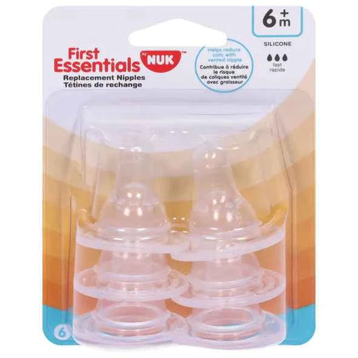 NUK GERBER FIRST ESSENTIALS SILICONE NIPPLES - 6PACK ONE SIZE 6M+ FEEDING FIRST ESSENTIALS