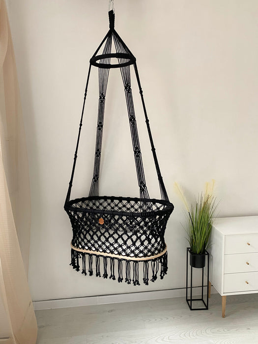 Hanging Macrame Baby Bassinet Black Cord Bassinets & Cradles Anzy Home