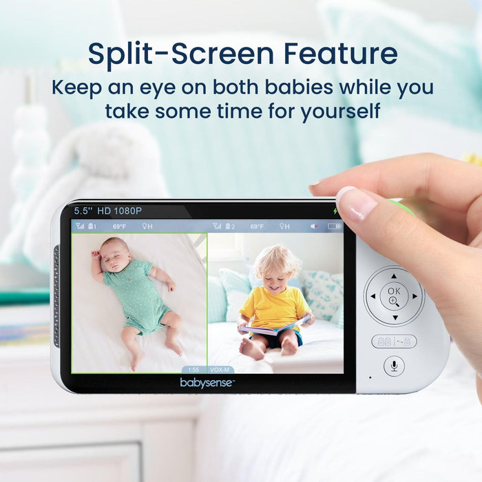 Babysense Max View: Video Baby Monitor with 2 Cameras, Non Wifi, Split Screen, Night Light & Sound Machine Video Monitor Babysense
