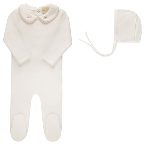 AURORA - EMBROIDERED VELOUR COLLAR COLLECTION - FOOTIE + BONNET IVORY PINK CLOTHING AURORA