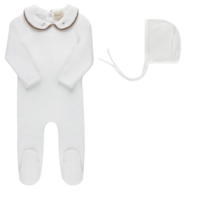 AURORA - EMBROIDERED VELOUR COLLAR COLLECTION - FOOTIE + BONNET IVORY BROWN CLOTHING AURORA