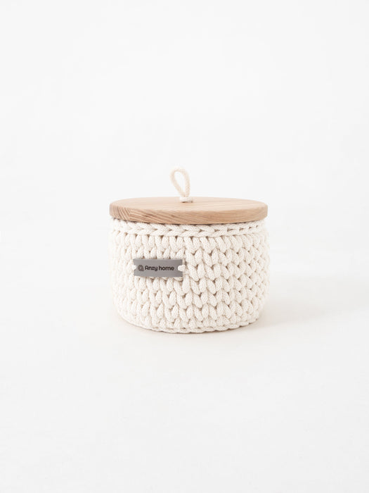 Round Storage Baskets w/ Wooden Lid Recycled Off-white Storage & Organization Anzy Home