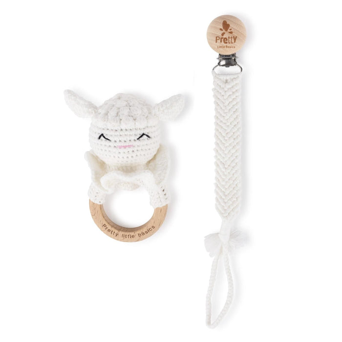 PRETTY LITTLE BASICS CROCHET RATTLE AND PACIFIER CLIP SET