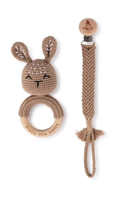 PRETTY LITTLE BASICS CROCHET RATTLE AND PACIFIER CLIP SET