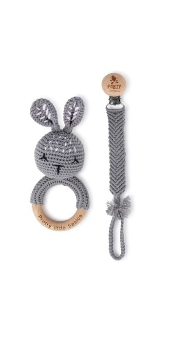 PRETTY LITTLE BASICS CROCHET RATTLE AND PACIFIER CLIP SET