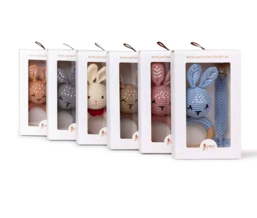 PRETTY LITTLE BASICS CROCHET RATTLE AND PACIFIER CLIP SET