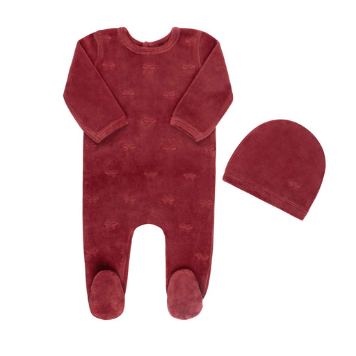 Embroidered Bow Footie & Hat Wine Tricot Bebe
