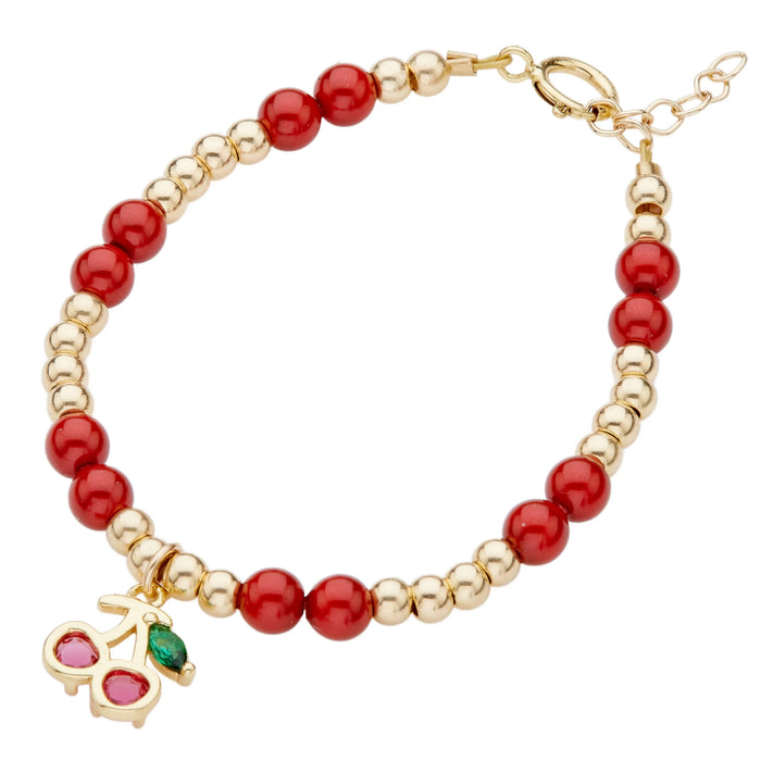 CRYSTAL DREAM RED PEARLS GOLD BEADS AND CHERRY CHARM RED BRACELET CRYSTAL DREAM