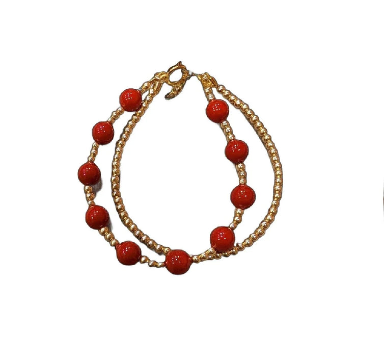 CRYSTAL DREAM MINI GOLD WITH 5MM RED PEARLS DOUBLE BRACELET RED GOLD BRACELET CRYSTAL DREAM
